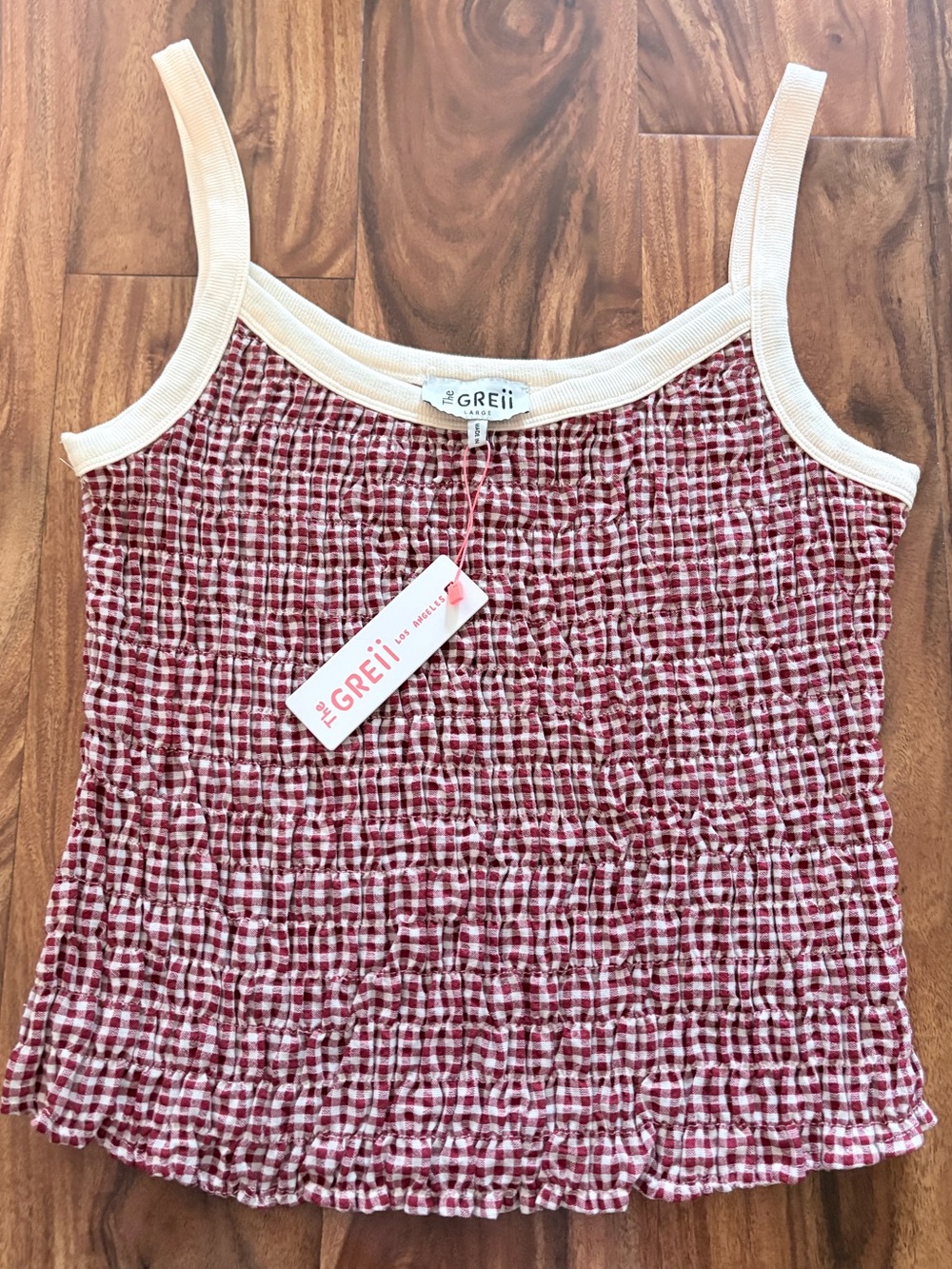 NWT The Greii Los Angeles Women’s Red Gingham Smocked Tank Top Large L Cami